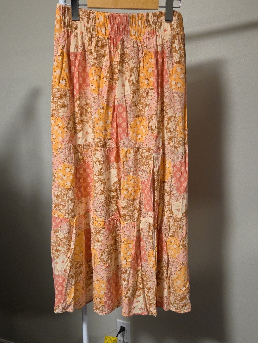Wild Skyes Bohemian Patchwork Floral Maxi Skirt Pink Yellow Cream Size M